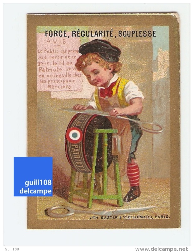 Jolie Chromo Dorée Fil Patriote Rémouleur Ciseaux Affuteur Mercier Vieillemard Sewing Thread Victorian Trade Card A25-19 - Sonstige & Ohne Zuordnung