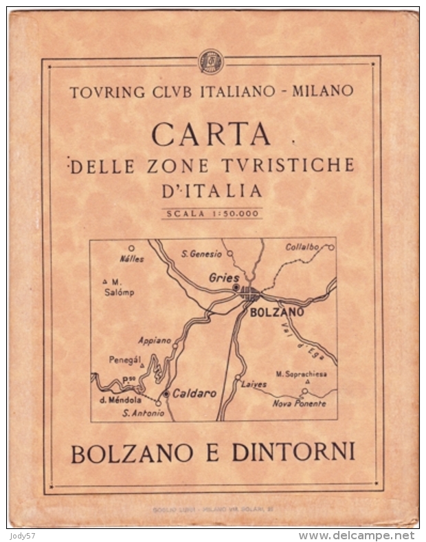 VECCHIA CARTA DELLE ZONE TURISTICHE D' ITALIA - BOLZANO E DINTORNI - 1:50.000 - TOURING CLUB ITALIANO - 1919 - Mapas Geográficas