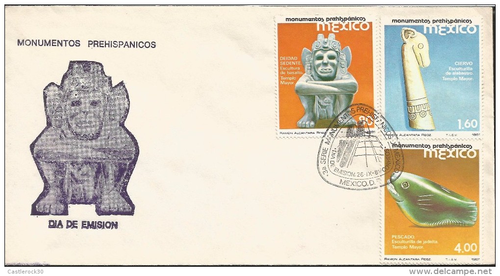 B)1981 MEXICO, HISTORY,  ESCULTURE, PREHISPANIC MONUMENTS, TEMPLE PIECES OF MAYOR PAIR OF 3, FDC - Mexico