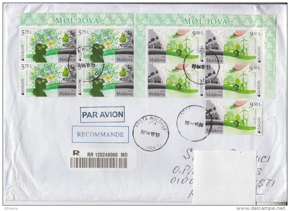 MOLDOVA : EUROPA THINK GREEN 4 Set On Big Circulated Cover To ROMANIA - Envoi Enregistre! Registered Shipping! - 2016