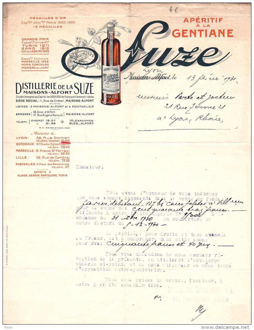 SUZE  Distillerie  Apéritif à La Gentiane   MAISONS-ALFORT - 1900 – 1949