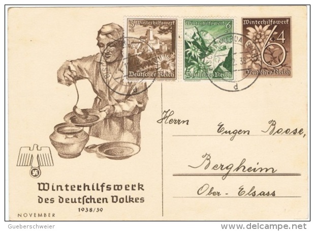 FLORA-L117 - ALLEMAGNE Entier Postal Edelweiss Illustré Soupe Populaire Winterhilswerk 1938 Pour Bergheim - Postkarten