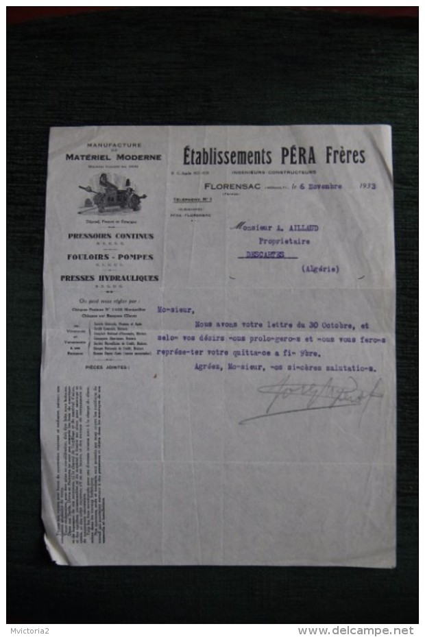 Lettre Ancienne - FLORENSAC, Etablissements PERA Frères, Pressoirs, Fouloirs, Pompes , Presses Hydrauliques - 1900 – 1949