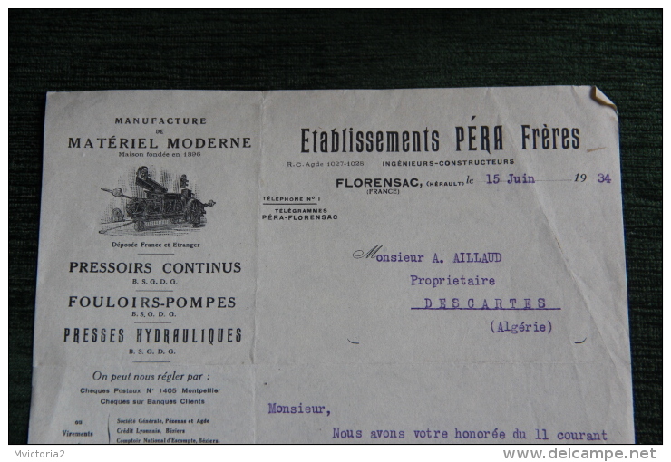 Lettre Ancienne - FLORENSAC, Etablissements PERA Frères, Pressoirs, Fouloirs, Pompes , Presses Hydrauliques - 1900 – 1949