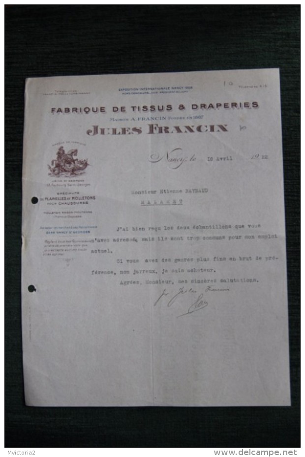 Lettre Commerciale Ancienne - NANCY, Jules FRANCIN, Fabrique De Tissus Et Draperies. - 1900 – 1949