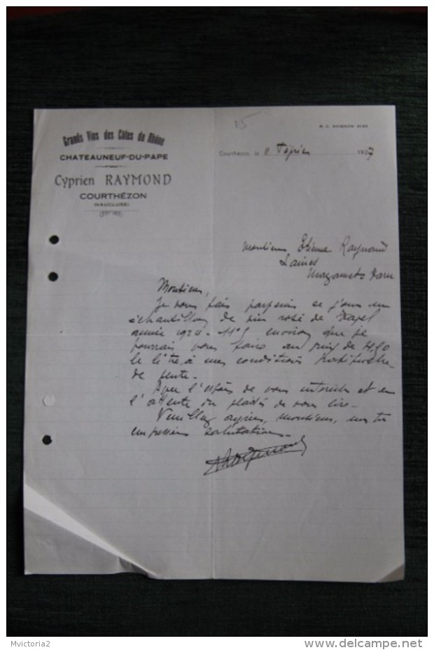 Lettre Commerciale Ancienne - COURTHEZON, Cyprien RAYMOND, Chateauneuf Du Pape, Grands Vins Des Côtes Du Rhône - 1900 – 1949