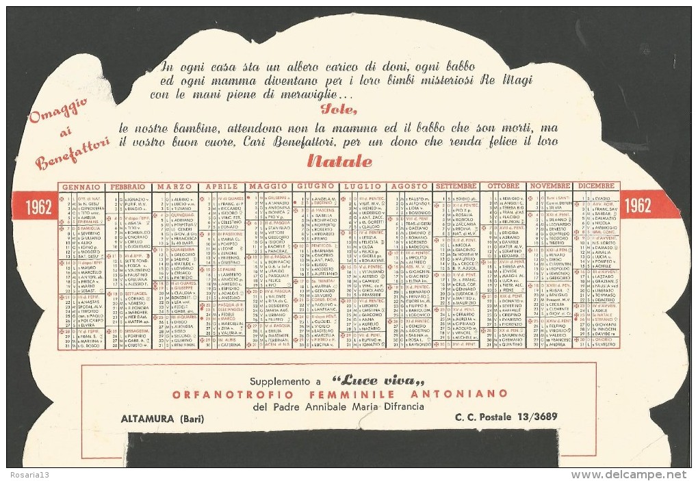 CAL44/45---  CALENDARIO,  1962,  ORFANOTROFIO FEMMINILE ANTONIANO,  ALTAMURA,  BARI. - Formato Grande : 1961-70