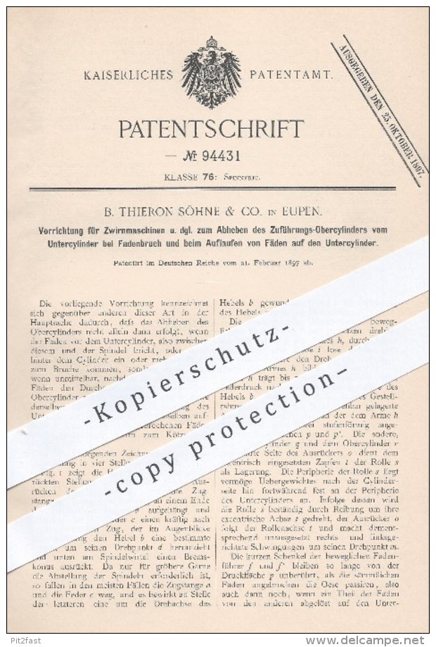 Original Patent - B. Thieron Söhne & Co. , Eupen 1897 , Abheben Der Zuführungs-Oberzylinder An Zwirnmaschinen , Spinnen - Documentos Históricos