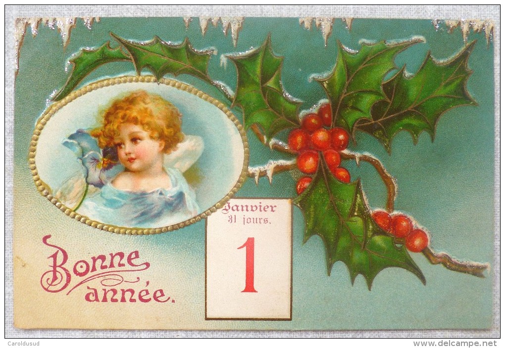 Cpa Litho Relief Illustrateur KOPAL CLAPSADDLE NS Enfant Ange Medaillon Houx VOEUX Calendrier 1er  Janvier 1909 - Clapsaddle