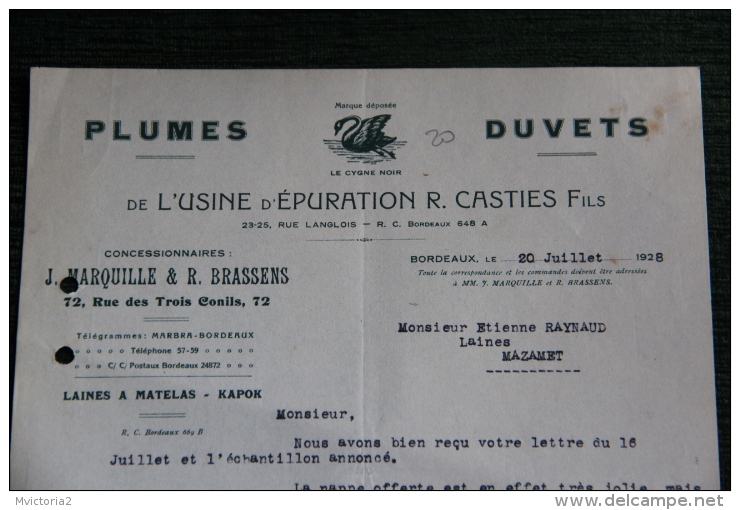 Lettre Commerciale Ancienne - CASTRES, Plumes Et Duvets De L'Usine D'épuration R.CASTIES Et Fils - 1900 – 1949