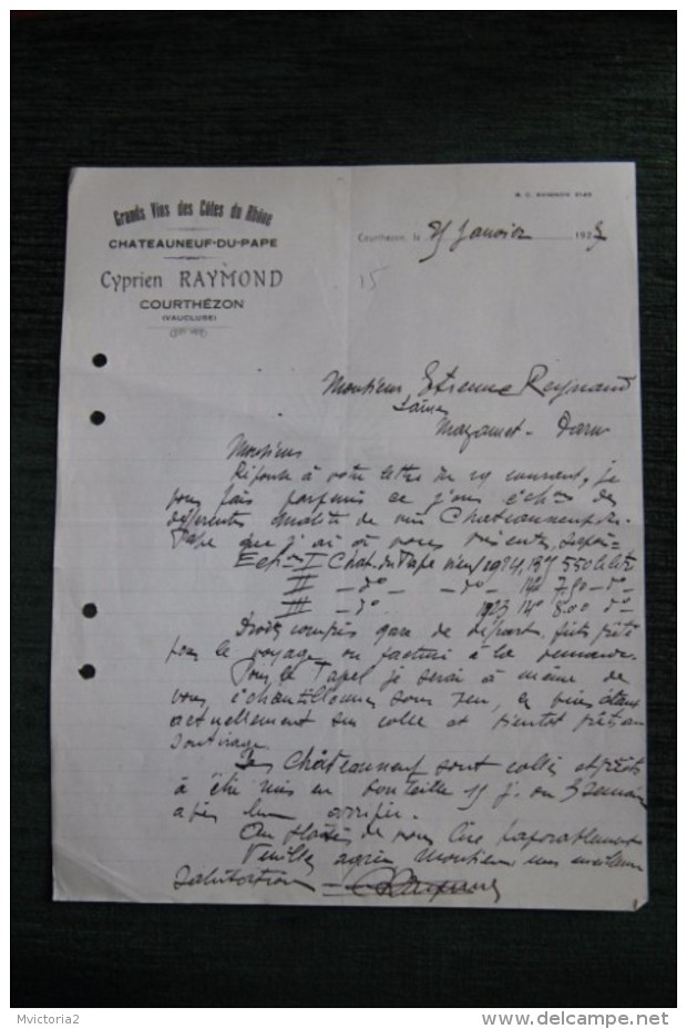 Lettre Commerciale Ancienne - COURTHEZON, Cyprien RAYMOND, Chateauneuf Du Pape, Grands Vins Des Côtes Du Rhône - 1900 – 1949