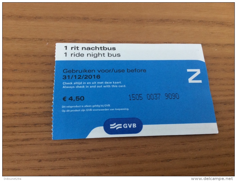 Ticket De Tramway, Bus, Métro GVB Amsterdam "1 Rit Nachtbus N" Pays-Bas - Europa