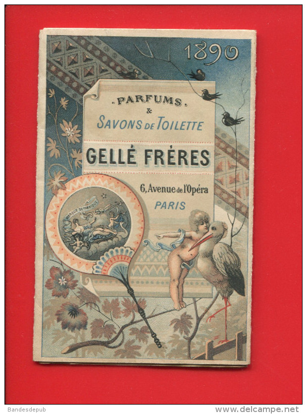 PARFUM GELLE PARIS DEPLIANT CALENDRIER CHROMO 1890 BAILLY EVENTAIL CIGOGNE TOUR EIFFEL TORERO ESPAGNE INDES CHINE - Small : ...-1900