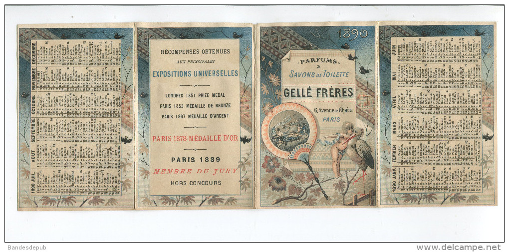 PARFUM GELLE PARIS DEPLIANT CALENDRIER CHROMO 1890 BAILLY EVENTAIL CIGOGNE TOUR EIFFEL TORERO ESPAGNE INDES CHINE - Tamaño Pequeño : ...-1900