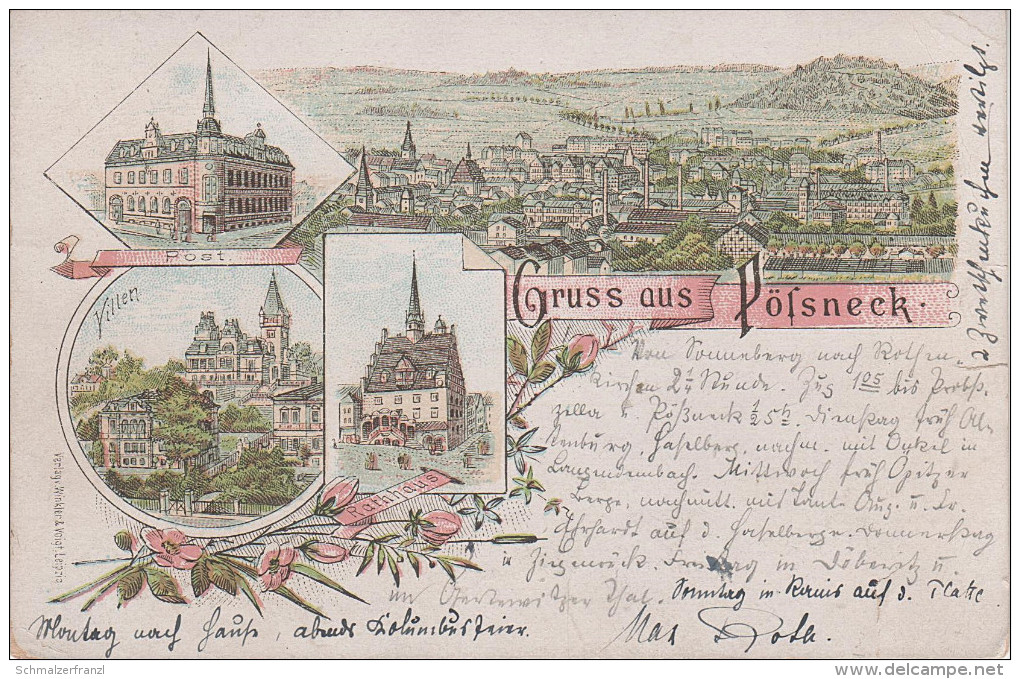 Litho AK Gruss Pössneck Rathaus Villen Post Bei Oppurg Krölpa Neustadt Orla Saalfeld Rudolstadt Kahla Triptis Langenorla - Pössneck