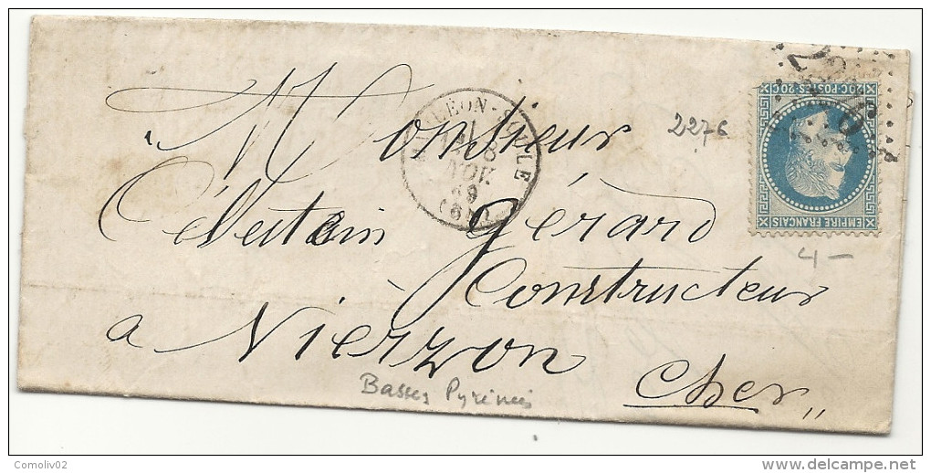 Basses Pyrénées - Mauléon Soule Pour Vierzon. GC + CàD Type 16 - 1849-1876: Période Classique