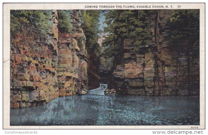 New York Ausable Chasm Coming Through The Flume 1938 Curteich - Adirondack