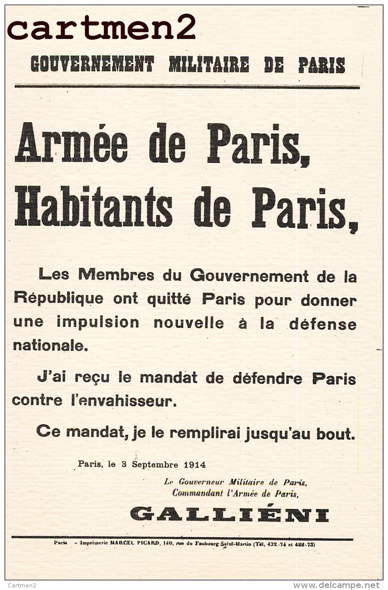 CARTE PATRIOTIQUE AFFICHE PLACARD ARMEE DE PARIS COMMANDANT GOUVERNEUR GALLIENI PATRIOTISME GUERRE - Patriottiche