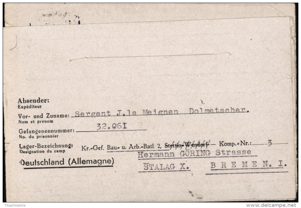 Guerre 39/45 Prisonnier Bataillon Maçon Volontaires Stalag X Villes Bombardées Par Alliés Breme Bremen I Censure - Lettres & Documents