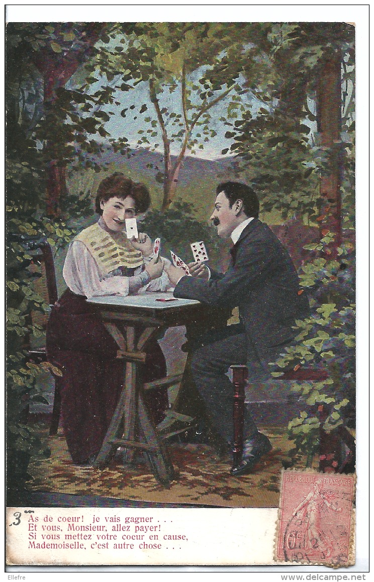 CPA Fantaisie - Couple Partie De Cartes As De Coeur Je Vais Gagner...- édition Alemagne - 1906 - Cartes à Jouer
