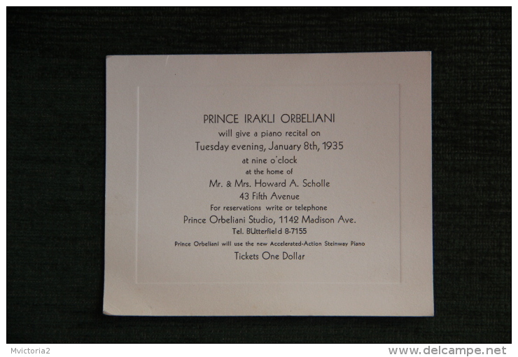 Faire Part à L'occasion D'un Récital De Piano Par Le Prince IRAKLI ORBELIANI Chez Mr SCHOLLE, New York, Madison Avenue - Other & Unclassified