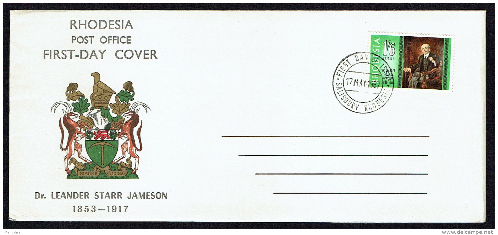 1967  Dr Leander Starr Jameson  Unaddressed FDC - Rodesia (1964-1980)