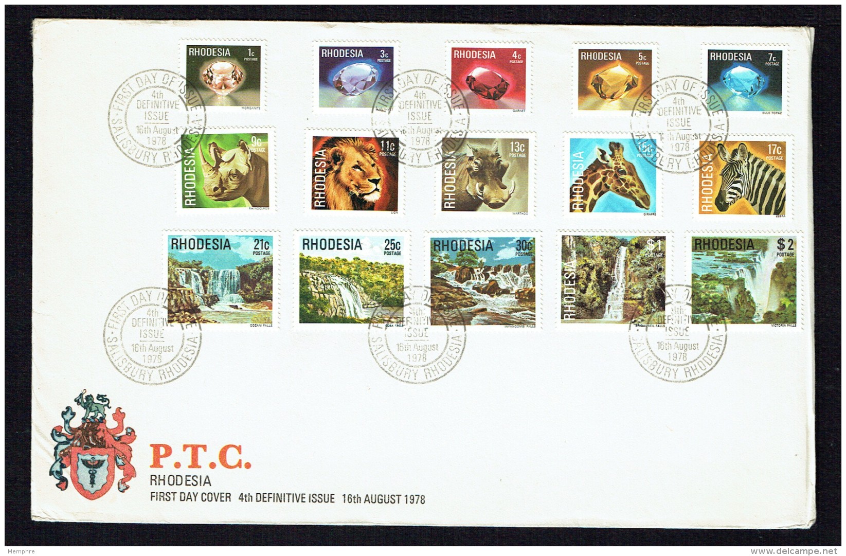 1978  DEfinitive Issue: Minerals, Animals, Waterfalls  - Comple Set On Single Unaddressed FDC - Rhodésie (1964-1980)