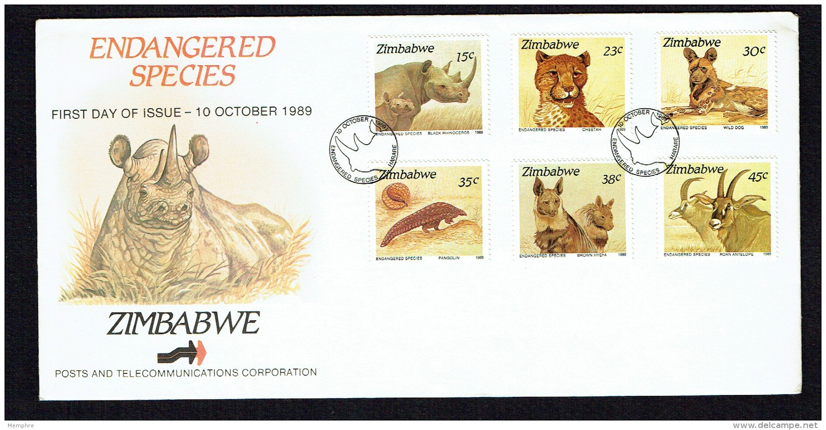 1989  Endangered Animals: Rhino, Cheetah, Wild Dog, Pangolin, Hyena, Antelope- Complete Set On Single  Unaddressed  FDC - Zimbabwe (1980-...)