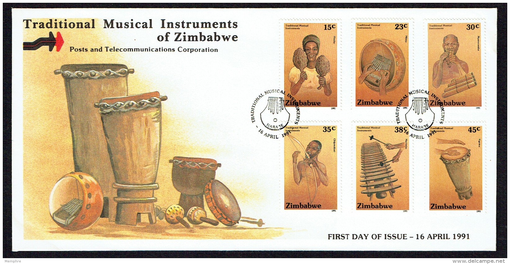 1991  Traditional Musical Instruments  -Complete Set On Single  Unaddressed  FDC - Zimbabwe (1980-...)