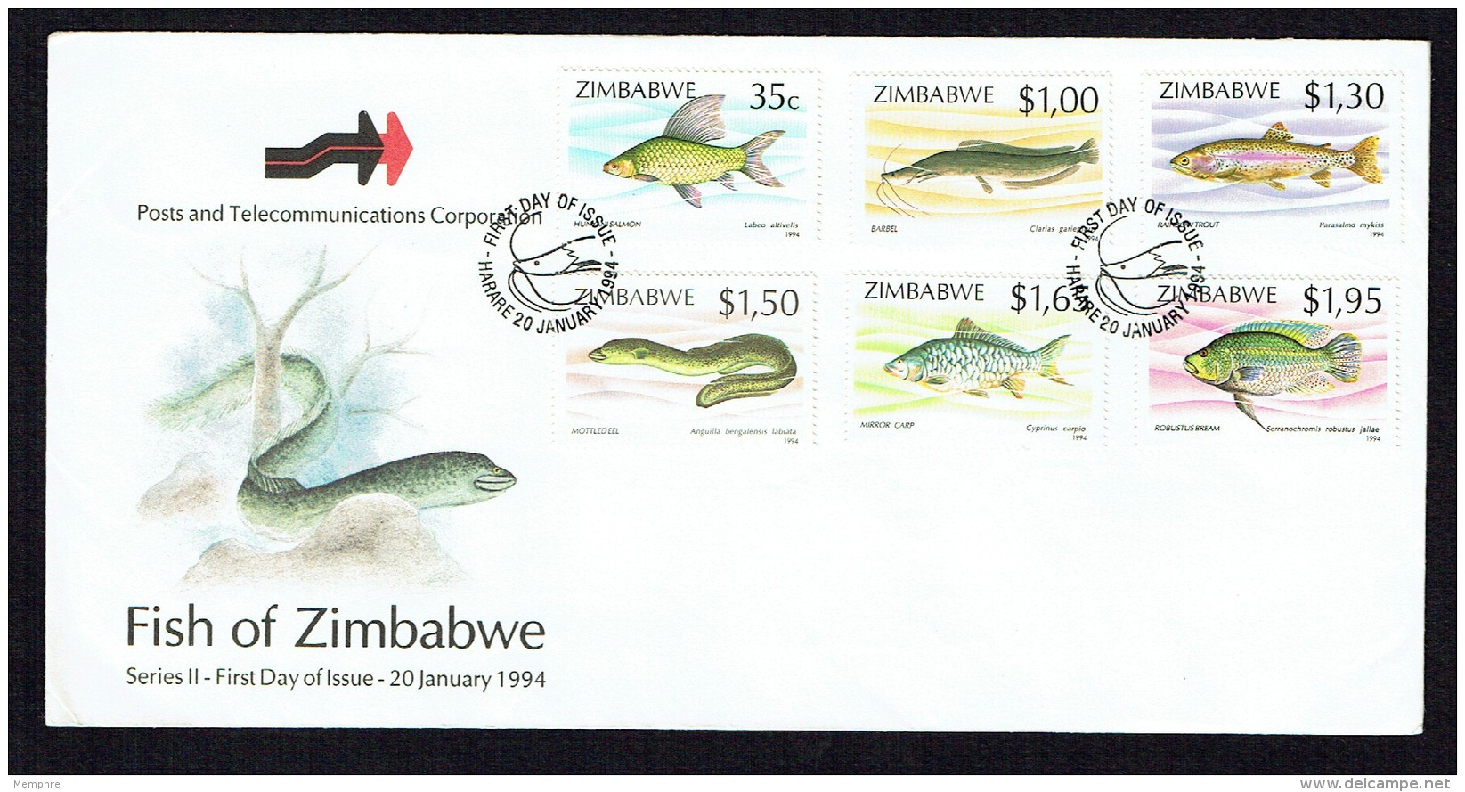 1993  Fishes; Trout, Salmon, Eel, Carp   -Complete Set On Single  Unaddressed  FDC - Zimbabwe (1980-...)