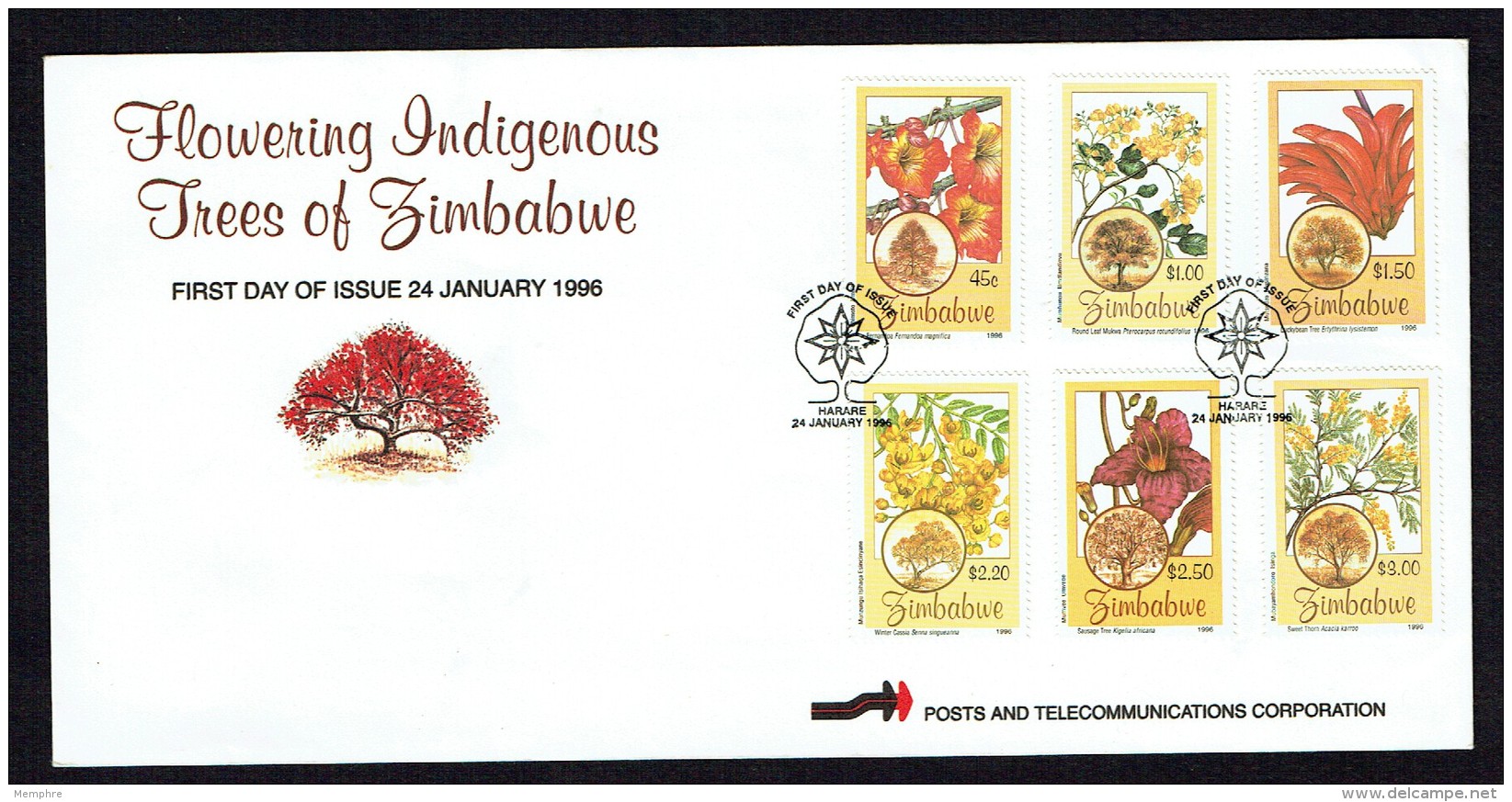 1996  Flowering Trees   -Complete Set On Single Unaddressed  FDC - Zimbabwe (1980-...)