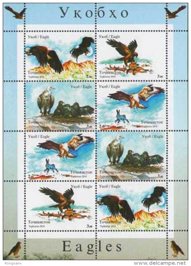 2016 TAJIKISTAN Eagles. Sheetlet Of 8 (2 X Blocks Of 4v) - Tadschikistan