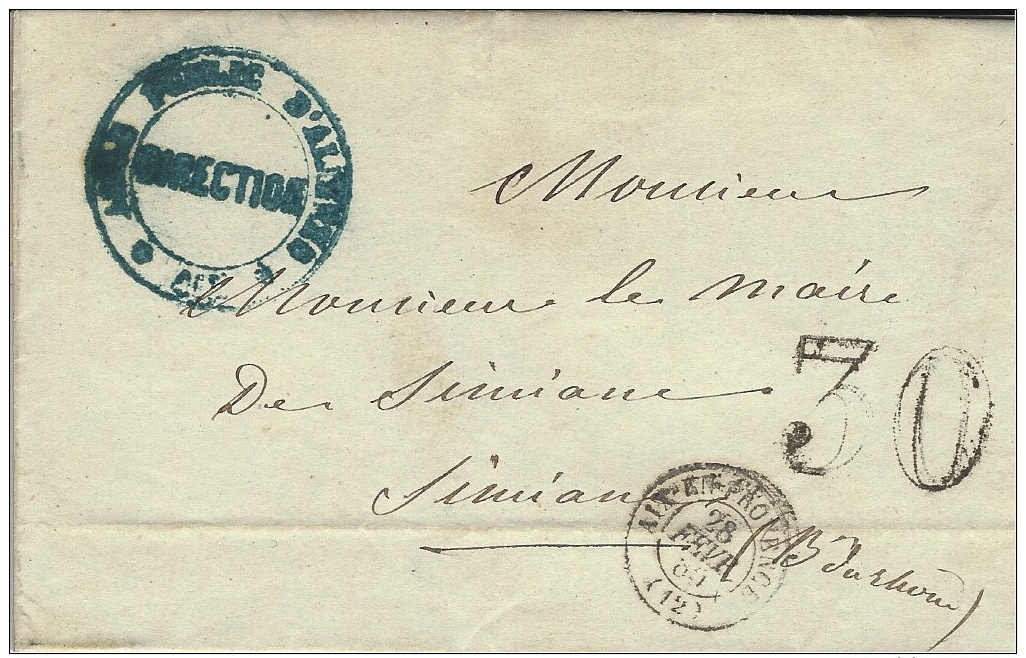 1860- Lettre En Franchise D'AIX  Cad T15 Taxe 30 Dt  " ASILE PUBLIC D'ALIENES * AIX * - 1849-1876: Période Classique