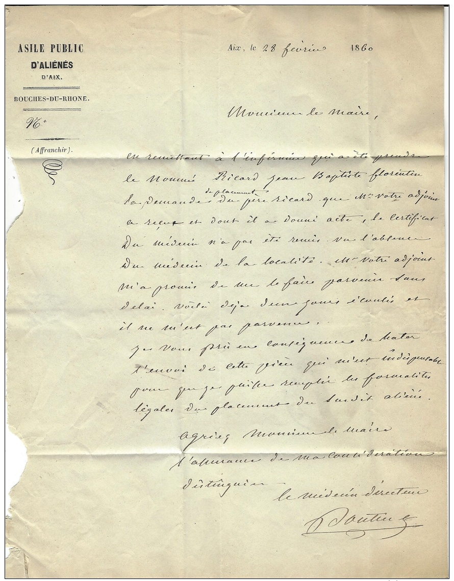 1860- Lettre En Franchise D'AIX  Cad T15 Taxe 30 Dt  " ASILE PUBLIC D'ALIENES * AIX * - 1849-1876: Période Classique