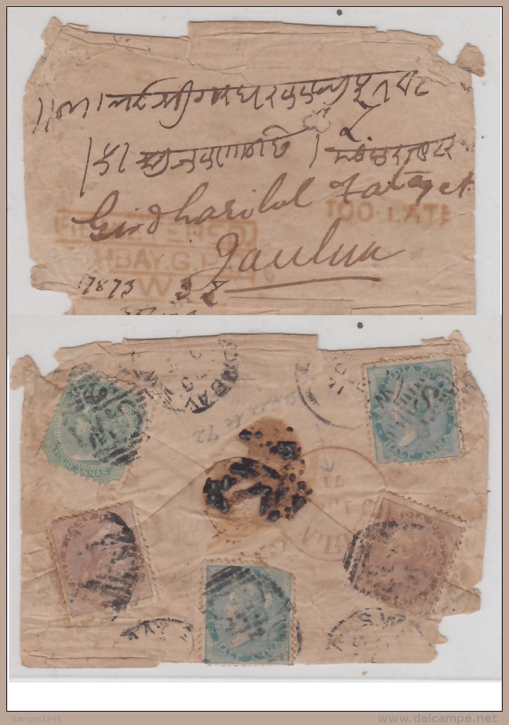 India  1871  QV  7A  Rate  Registered Cover Bombay To Jaulna  # 91366  Inde Indien - 1858-79 Compañia Británica Y Gobierno De La Reina