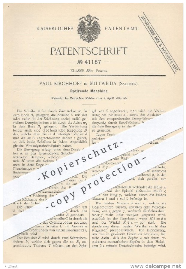 Original Patent - Paul Kirchhoff In Mittweida , 1887 , Rotierende Maschine , Rotation , Pumpe , Pumpen , Oldham !!! - Historische Dokumente