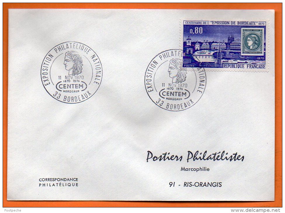 33 BORDEAUX   EXPOSITION PHILATELIQUE  CENTEM  1970 Lettre Entière N° O 126 - Bolli Commemorativi