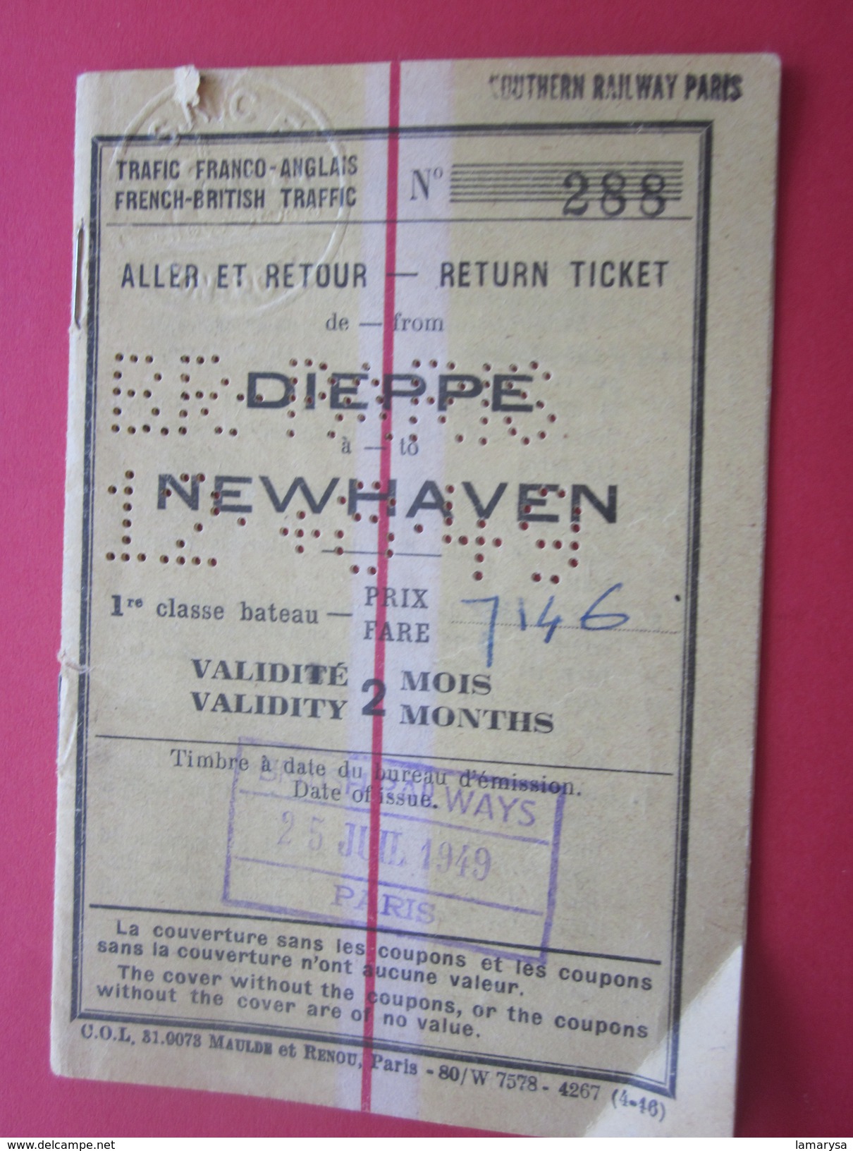 Ticket  25 JUIL 1949 DIEPPE  NEWHAVEN Titres De Transport  Tickets Pour Plusieurs Voyages AR  Chemins De Fer RAILWAY - Europe