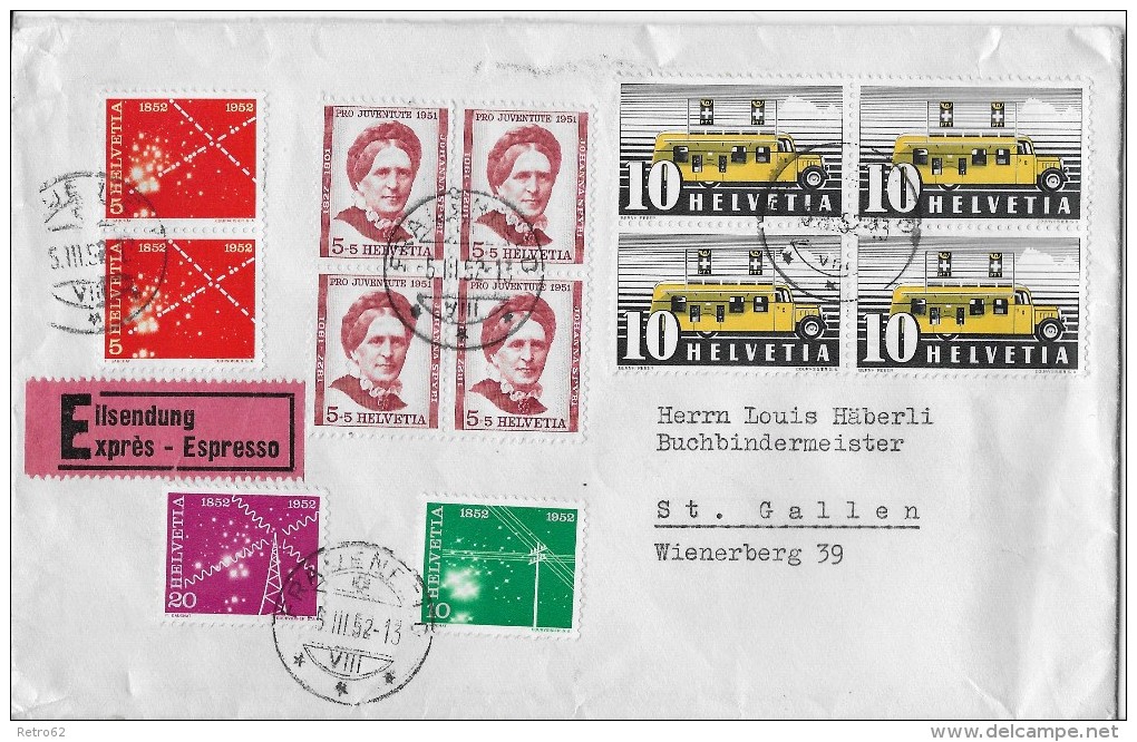 MISCHFRANKATUR &#8594; Charge-Brief Mit Vielen CH-Marken, Abstempelung St.Gallen (Eildienst) 05.03.1952 - Interi Postali