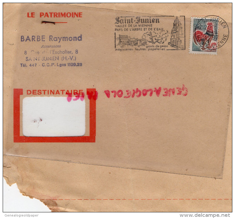 87 -ST  SAINT JUNIEN - ASSURANCES LE PATRIMOINE- RAYMOND BARBE- 8 CITE DE L' ESCHOLIER -1967 - 1950 - ...