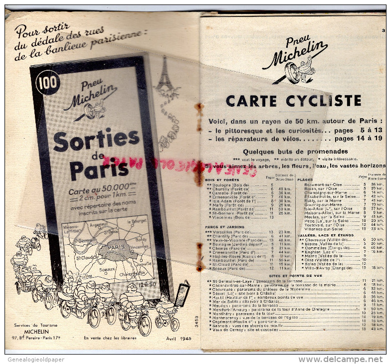 75 - PARIS - CARTE CYCLISTE -CYCLISME- MICHELIN - RARE 1945-MAISONS LAFFITTE-VERSAILLES-CHEVREUSE-CORBEIL-PONTOISE-MEAUX - Cartes Routières