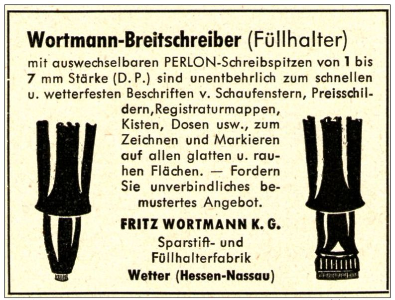 Original-Werbung/ Anzeige 1958 - WORTMANN BREITSCHREIBER (FÜLLHALTER ) - WETTER (HESSEN-NASSAU) - Ca. 60 X 45 Mm - Werbung