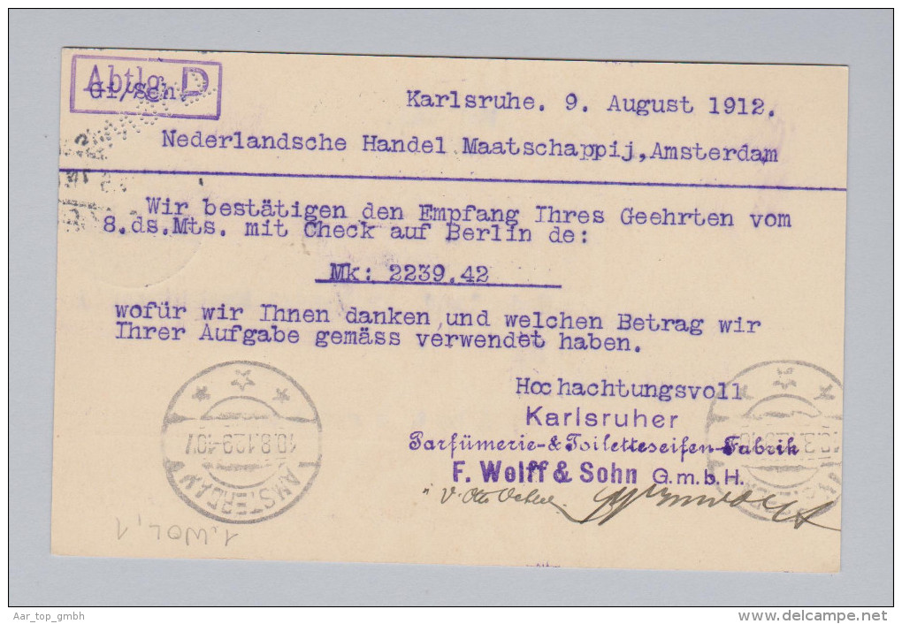 DR 1912-08-09 Karlsruhe Ganzsache Mit Perfin "Wolff" Parfumerie Und Toilettenseifen-Fabrik - Lettres & Documents