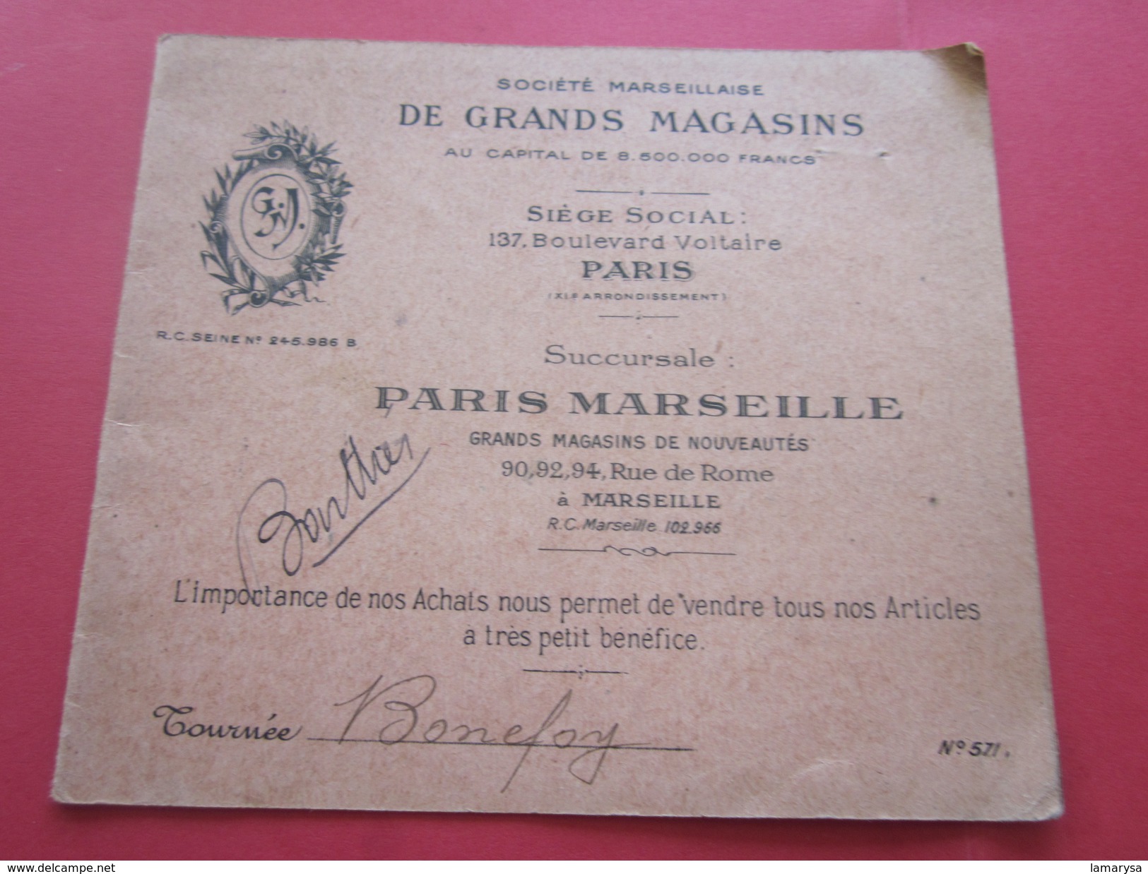 Carte  Société Marseillaise De Grands Magasins Succursale Paris-Marseille  Rue De Rome Conditions Versement Crédits ...d - Publicités