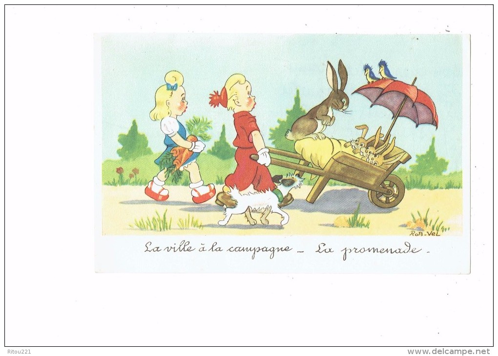 Illustration - ROB-VEL - La Ville à La Campagne - Fillette Garçon Brouette Lapin Parapluie Oiseau Chien Carotte - Wills, John