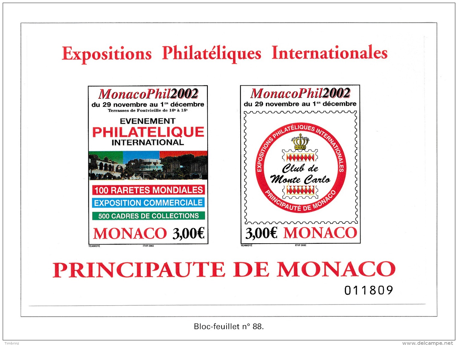 MONACO 2002 - Yv. BF 88 ** SUP  Faciale= 6,00 EUR - Expo Phil. MonacoPhil2002 ..Réf.MON20116 - Blocs