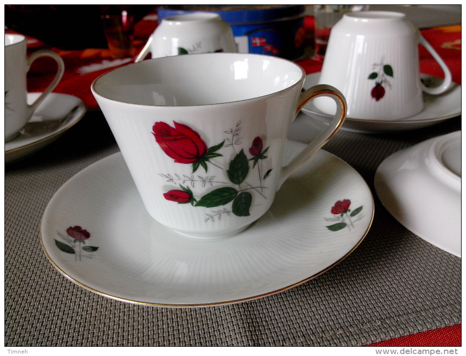 MITTERTEICH BAVARIA 6 tasses à café thé +sous tasses porcelaine striée - fleurs roses rouges