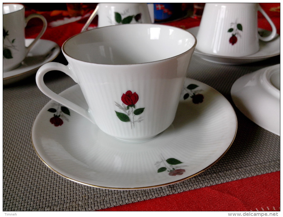 MITTERTEICH BAVARIA 6 tasses à café thé +sous tasses porcelaine striée - fleurs roses rouges