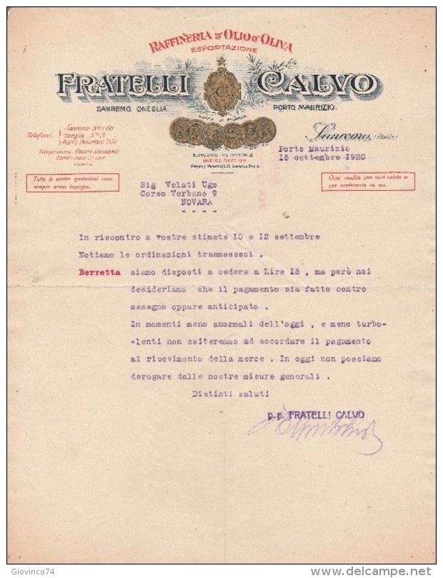 IMPERIA - PORTO MAURIZIO - 1920 - FATTURA  COMMERCIALI - RAFFINERIA D'OLIO D'OLIVA - FRATELLI CALVO - Italia