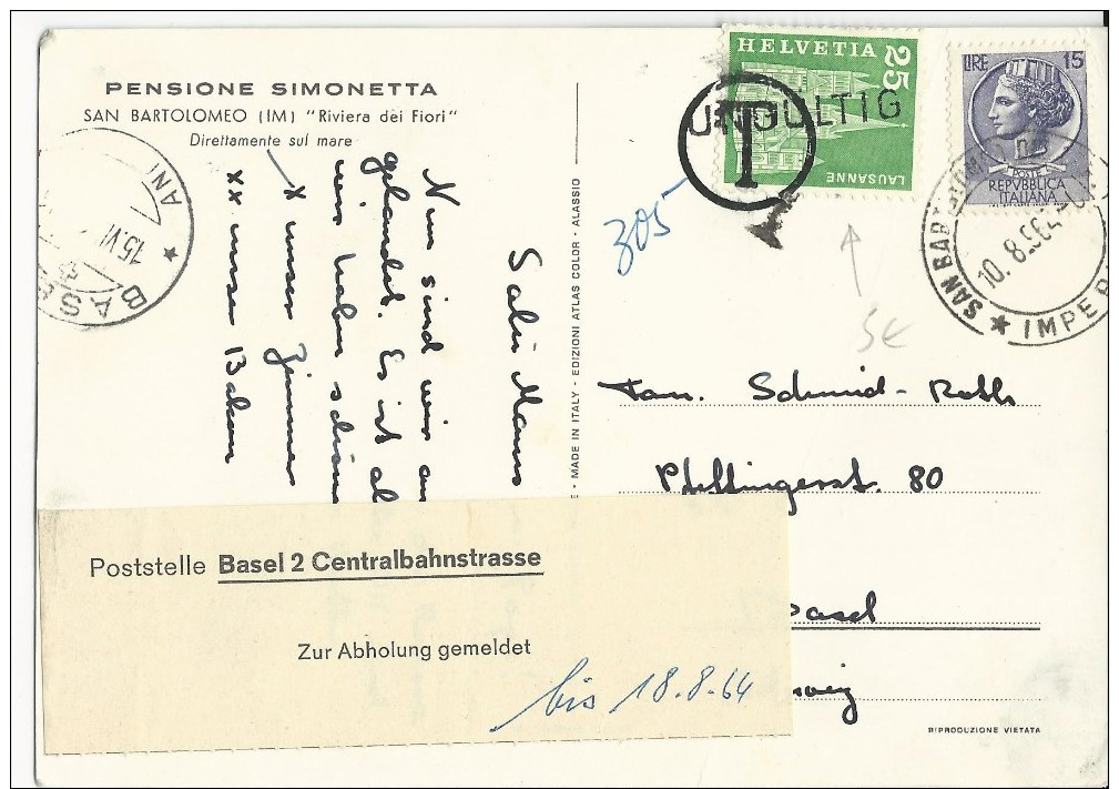 SUISSE - 1964 - CARTE De SAN BARTOLOMEO (ITALIE) Pour BASEL Avec TAXE (TIMBRE SURCHARGE "UNGÜLTIG" + T) - Poststempel